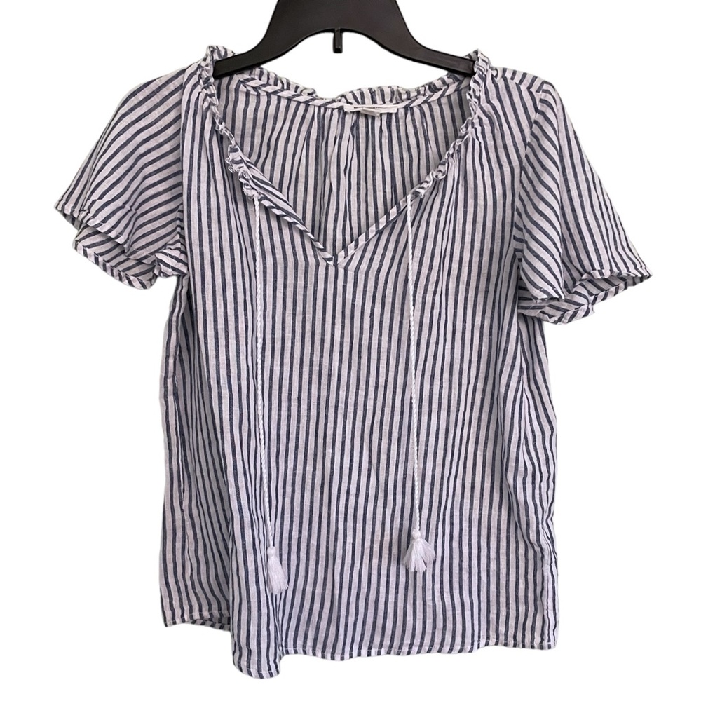 beachlunchlounge navy white pinstripe ruffle sleeve top SMALL